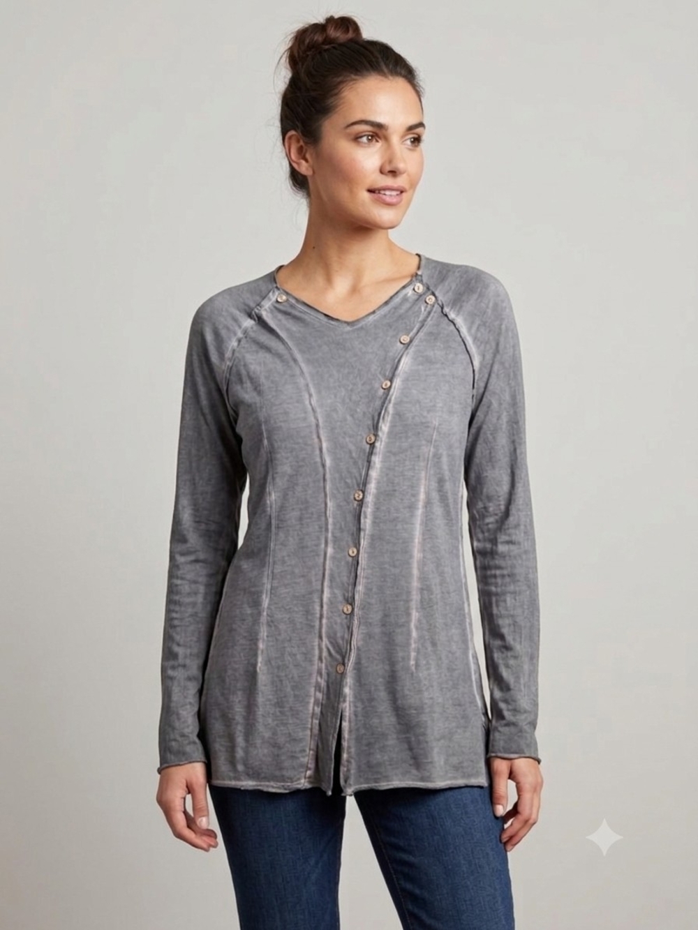 Badim TLV Israel Gray Mineral Wash Asymmetrical Button Tunic Top Lagenlook O